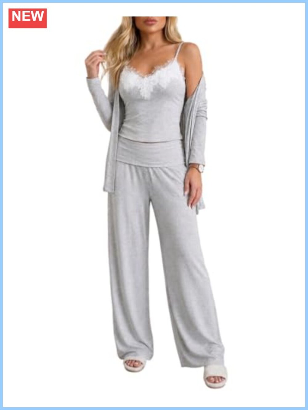 3 Piece Lounge Set V-Neck Lace Cami Cardigan Straight Leg Trousers